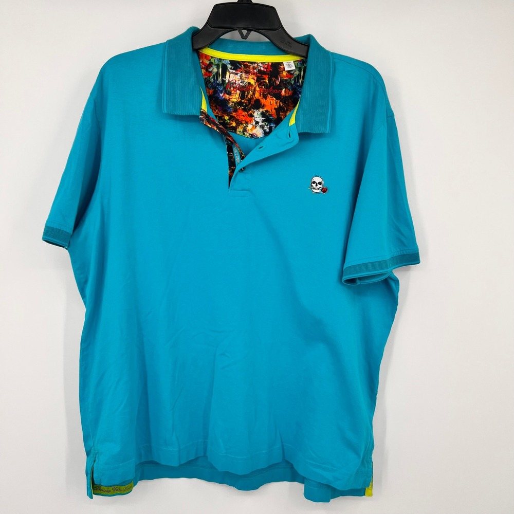 Robert Graham Mens 2XL Classic Fit Skull Rose Polo Shirt Turquoise Blue